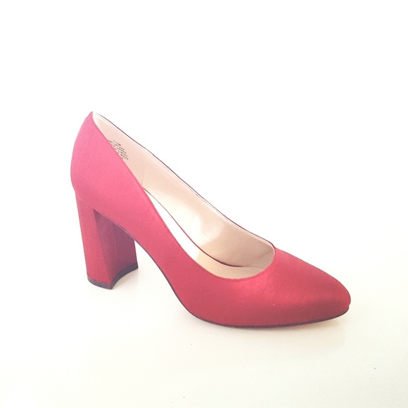 red satin block heels